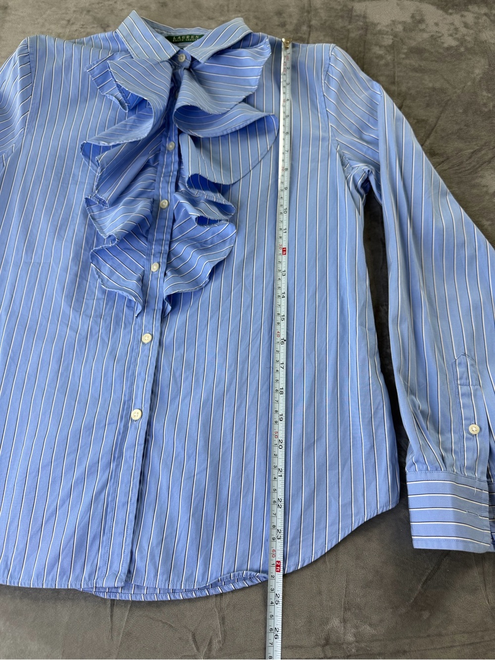 "Lauren Ralph Lauren Blue I& White Striped Blouse with Ruffles." - Picture 3 of 9